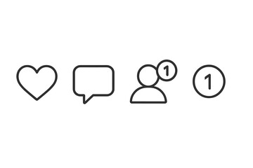 Poster - Vector illustration depicting social media interaction icons including like, comment, user profile, and notification symbols for digital communication