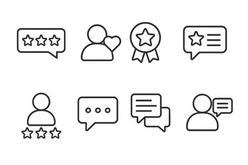 Poster - Set of vector illustration icons including review stars, user interaction symbols, and feedback dialogue boxes