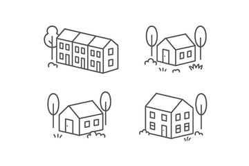 Poster - Vector illustration icon of various house designs surrounded by trees and grass representing different architectural styles and environments