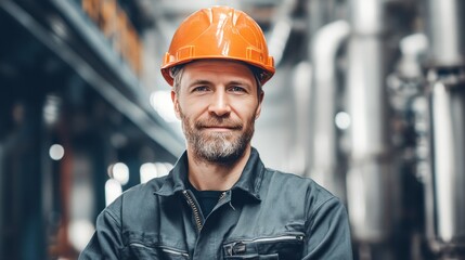 Wall Mural - Portrait of Industry maintenance engineer man wearing uniform and safety hard hat on factory station, with copy space