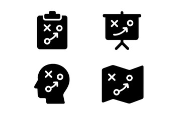 Poster - Vector illustration icons depicting strategic planning, analysis, and execution with elements representing charts, maps, and mental frameworks