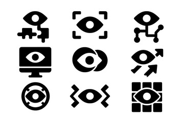 Poster - Vector illustration icons featuring various eye symbols representing vision, surveillance, and data analysis
