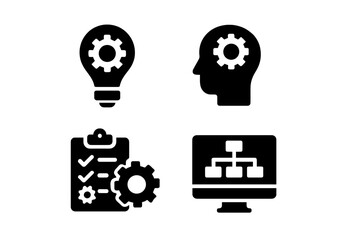 Poster - Creative concept of innovation and planning represented through vector icons featuring light bulb, head, clipboard, and computer