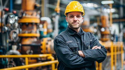Wall Mural - Portrait of Industry maintenance engineer man wearing uniform and safety hard hat on factory station, with copy space