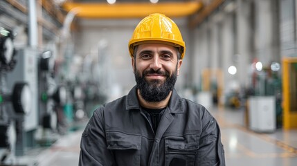 Wall Mural - Portrait of Industry maintenance engineer man wearing uniform and safety hard hat on factory station, with copy space