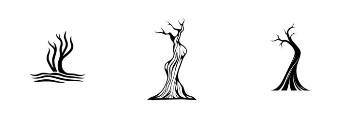 Poster - Unique vector illustration of stylized trees showcasing different forms and designs in artistic black and white style