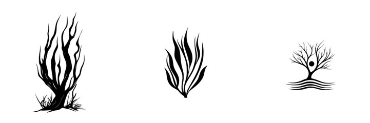 Poster - Vector illustration icons depicting various tree and plant forms in a minimalist black and white style suitable for digital designs