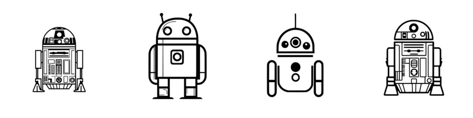 Poster - Vector illustration of four distinct robot characters showcasing various designs and features in a minimalist style