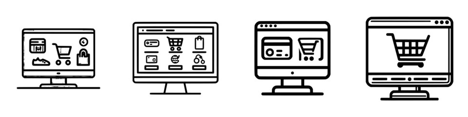 Poster - Vector illustration of online shopping screens showcasing various shopping carts and icons for e-commerce activity