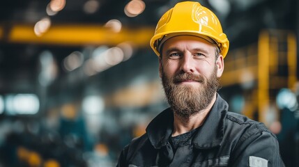 Wall Mural - Portrait of TEAM Industry maintenance engineer man wearing uniform and safety hard hat on factory, with copy space