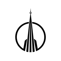 Poster - Vector illustration of a tall spire emblem enclosed in a circular frame, symbolizing architectural innovation and modern design