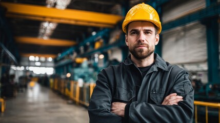 Wall Mural - Portrait of TEAM Industry maintenance engineer man wearing uniform and safety hard hat on factory, with copy space