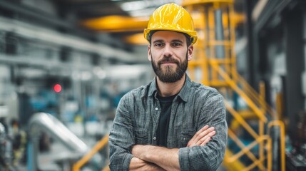 Wall Mural - Portrait of TEAM Industry maintenance engineer man wearing uniform and safety hard hat on factory, with copy space