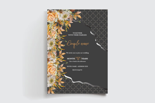 WEDDING INVITATION FRAME WITH FLOWER DECORATIONS AND FRESH LEAVES