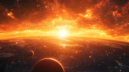 Wall Mural - Fiery sunrise over a celestial landscape.