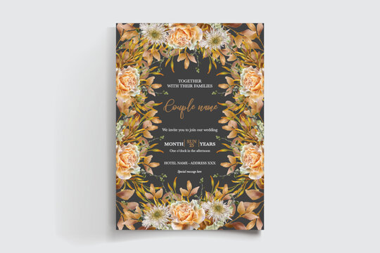 WEDDING INVITATION FRAME WITH FLOWER DECORATIONS AND FRESH LEAVES