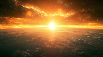 Wall Mural - Dramatic celestial sunrise above a planet's surface.