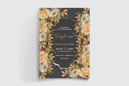 WEDDING INVITATION FRAME WITH FLOWER DECORATIONS AND FRESH LEAVES