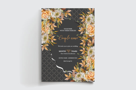 WEDDING INVITATION FRAME WITH FLOWER DECORATIONS AND FRESH LEAVES