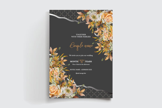 WEDDING INVITATION FRAME WITH FLOWER DECORATIONS AND FRESH LEAVES