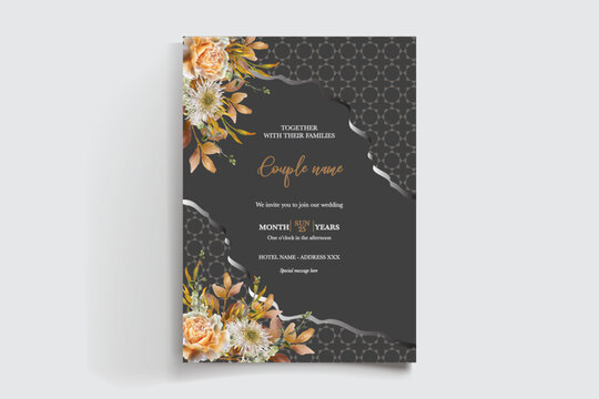 WEDDING INVITATION FRAME WITH FLOWER DECORATIONS AND FRESH LEAVES