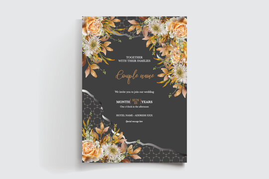WEDDING INVITATION FRAME WITH FLOWER DECORATIONS AND FRESH LEAVES