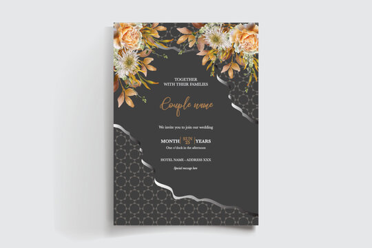 WEDDING INVITATION FRAME WITH FLOWER DECORATIONS AND FRESH LEAVES