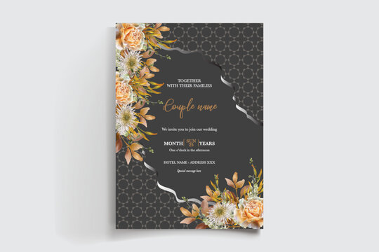 WEDDING INVITATION FRAME WITH FLOWER DECORATIONS AND FRESH LEAVES