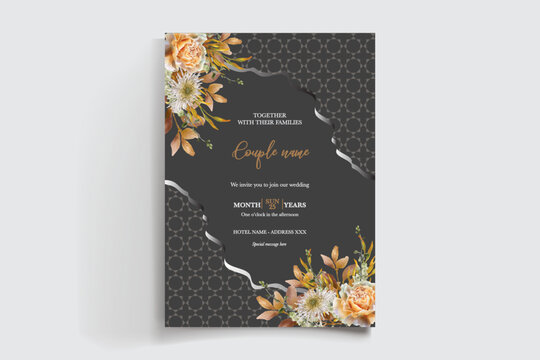 WEDDING INVITATION FRAME WITH FLOWER DECORATIONS AND FRESH LEAVES