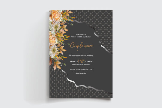 WEDDING INVITATION FRAME WITH FLOWER DECORATIONS AND FRESH LEAVES