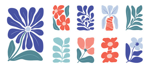 Aufkleber - Botanical doodle background art vector set. Flower and leaves abstract shape doodle art design for print, wallpaper, clipart, wall art for home decoration.