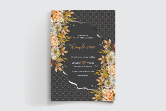 WEDDING INVITATION FRAME WITH FLOWER DECORATIONS AND FRESH LEAVES