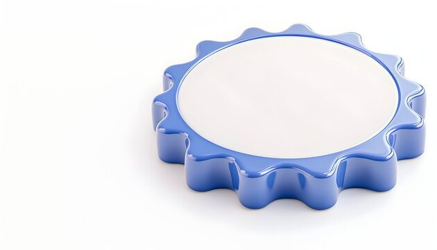 A blue circular gear with a blank white center, isolated on white background