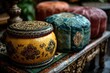 © AkosHorvathWorks - Decorative poufs arranged artistically on a richly textured table in a cozy indoor setting