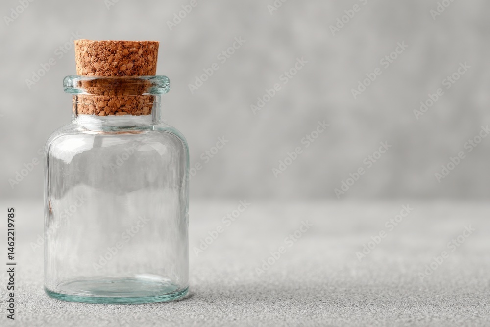 This clear glass bottle features a classic cork stopper, sitting on a smooth gray surface. Ideal for creative decoration or practical storage, the bottle adds elegance to any space.