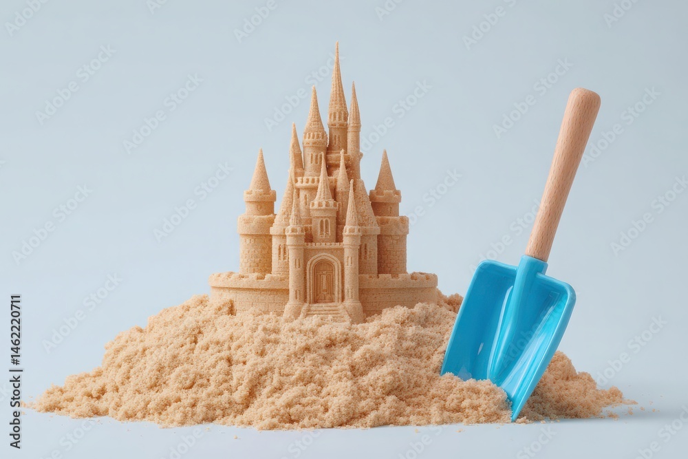 A carefully crafted sandcastle stands tall on a mound of light-colored sand, with towers and intricate details. A small blue shovel is placed nearby, suggesting recent activity in building.