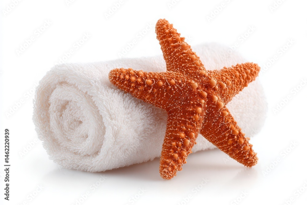 An orange starfish is placed on a neatly rolled white towel, creating a fresh and clean aesthetic. The simple background accentuates the colors and textures of both the starfish and towel.