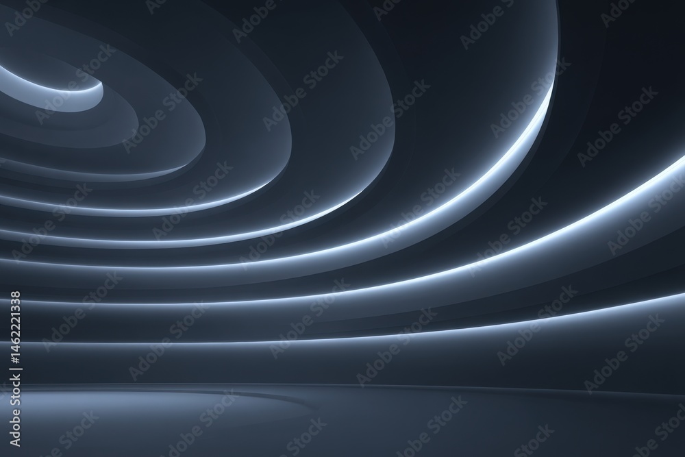 A sleek interior space showcases smooth, curved lines and soft lighting in an abstract design. The walls create a fluid visual effect, enhancing the contemporary atmosphere and inviting exploration.