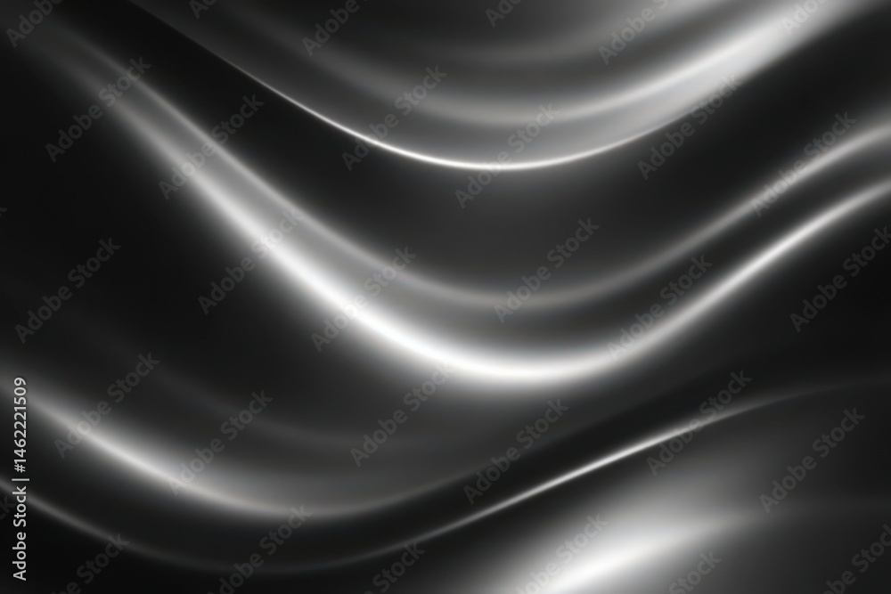 A dynamic display of flowing black and gray fabric reflects light, creating smooth curves and waves. The texture adds depth and interest to the visual elements in the composition.