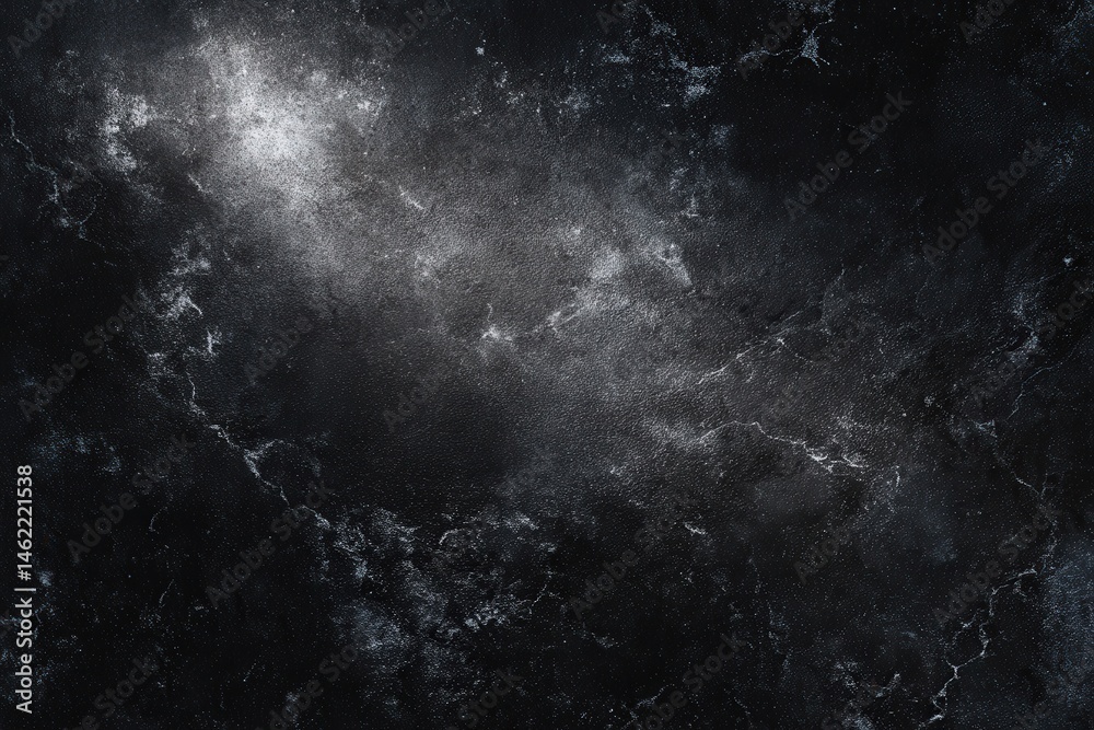 A dark surface showcases a marbled texture of black and gray tones, featuring intricate patterns and a hint of shimmer. The design creates a sense of depth and elegance.