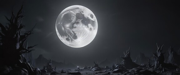 Wall Mural - giant full moon, stark against a black sky, radiating an eerie glow , black, creepy