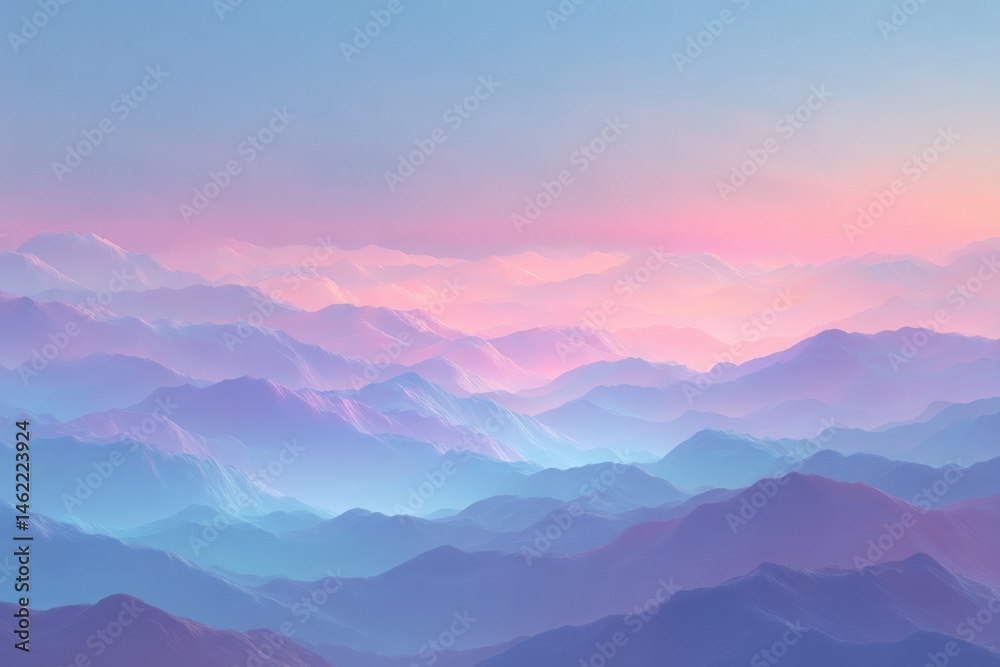 Soft pastel hues blend gracefully over distant mountain ranges at dawn. A tranquil mist envelops the peaks, creating a serene and peaceful atmosphere in this breathtaking view.