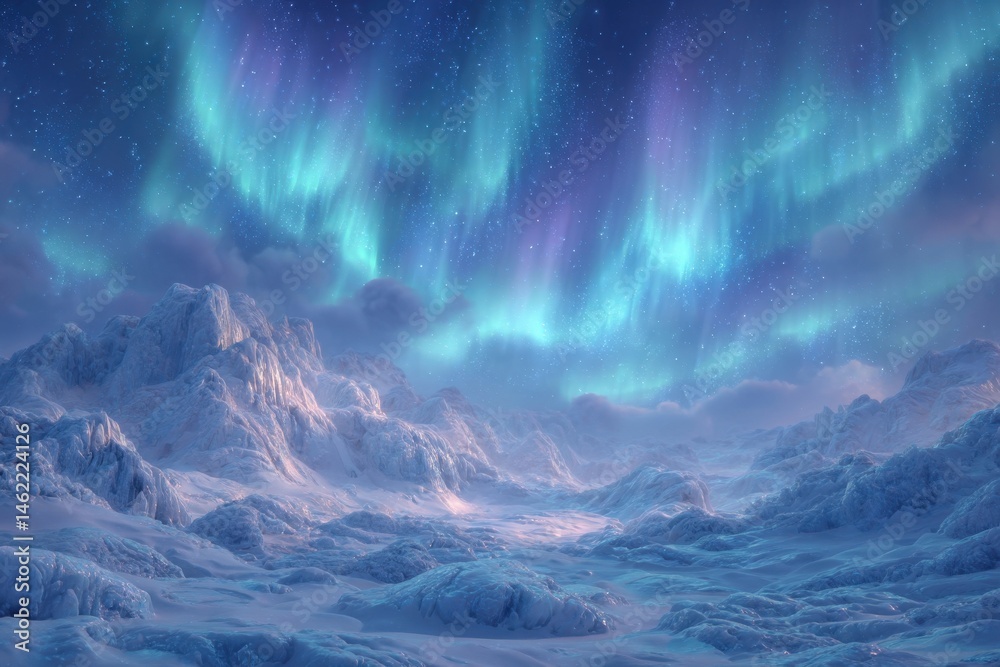 Stunning display of the aurora borealis fills the sky with vibrant colors above a frozen, icy terrain. The landscape glows under the celestial spectacle, creating a breathtaking winter night.