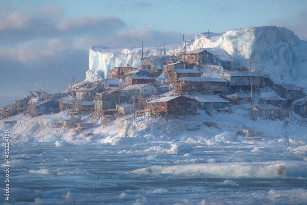 A village nestled in a snowy, icy terrain showcases rustic wooden houses. Icebergs loom in the background, and the cold, blue atmosphere reflects the harsh Arctic climate.