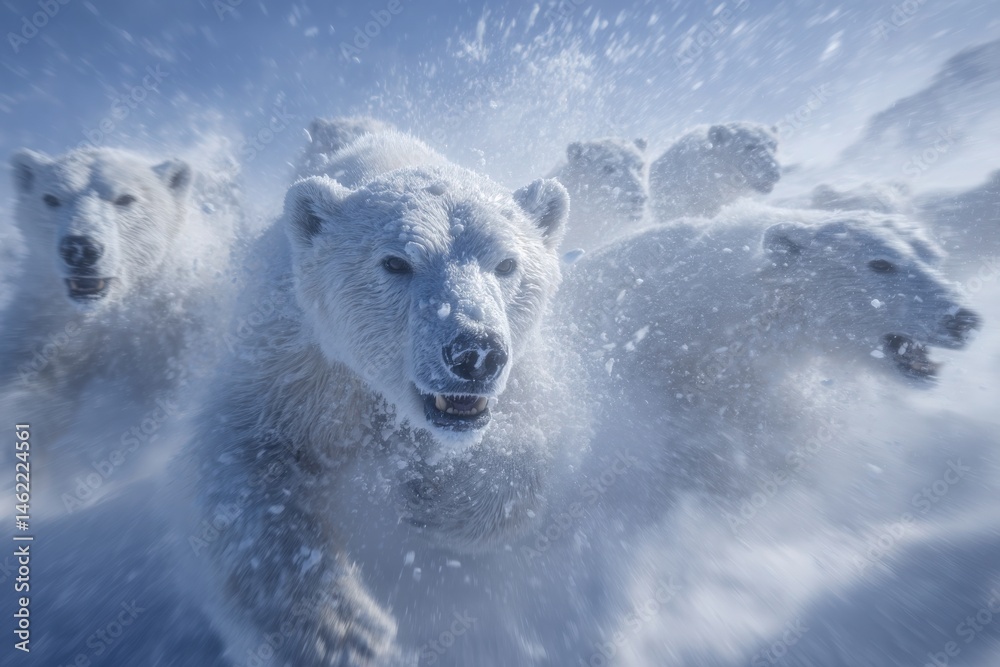 A group of polar bears runs through a snowy setting in the Arctic. The bears exhibit powerful energy and urgency, surrounded by swirling snow, showcasing their natural habitat.