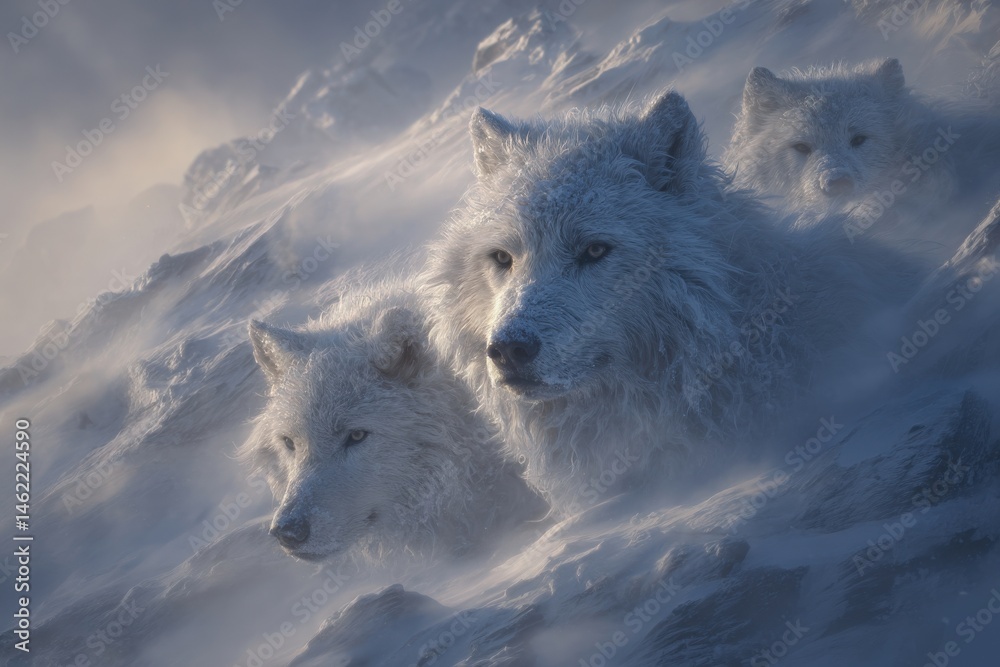 Three white wolves traverse a rugged, snow-covered terrain amidst a fierce winter storm. Their dense fur glistens under the swirling snowflakes as they stay alert to their surroundings.