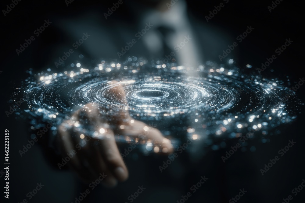 A person in a suit extends their hand, showcasing a swirling galaxy filled with stars and light. The cosmic display represents creativity and imagination, set against a dark background.