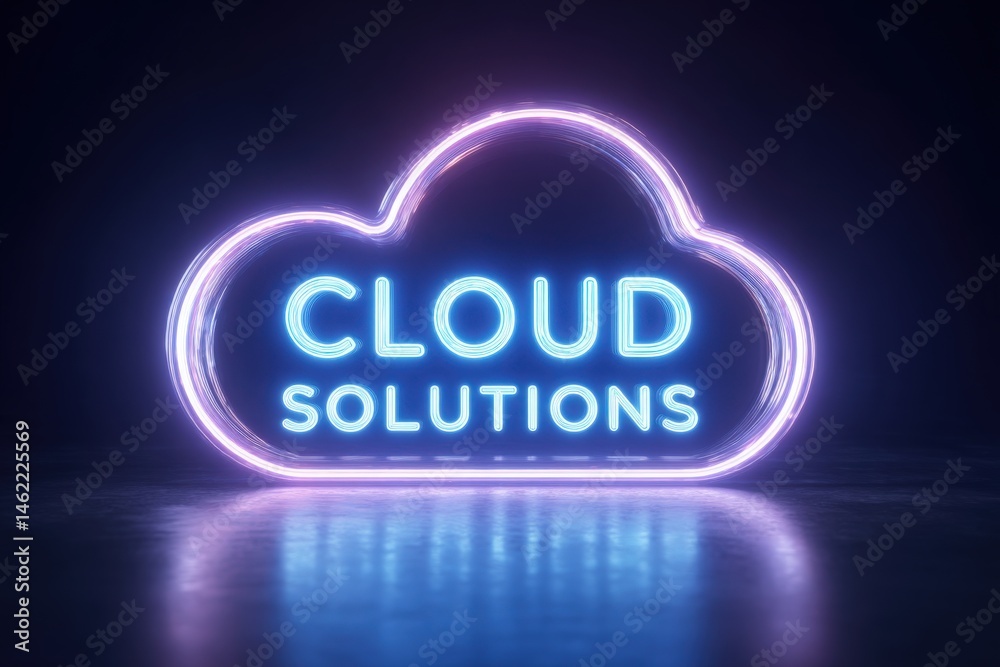 A brightly lit neon sign shaped like a cloud displays the words CLOUD SOLUTIONS. The vibrant blue and purple colors stand out in a dimly lit environment, creating a striking visual effect.
