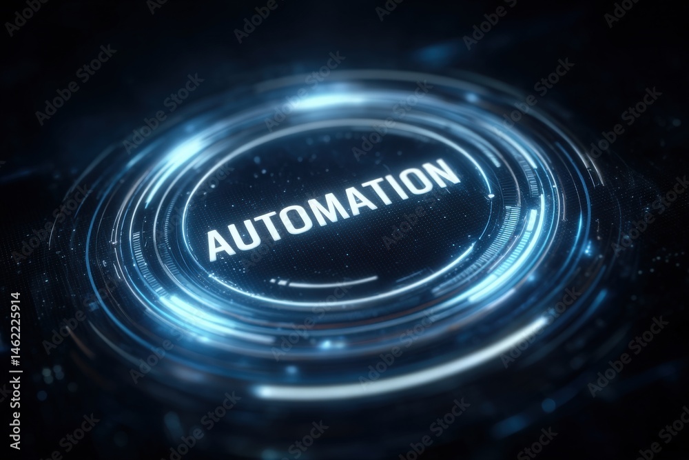 A circular design features the word automation prominently, surrounded by glowing lines and a dark background. This visual represents the integration of technology in everyday life and work processes.