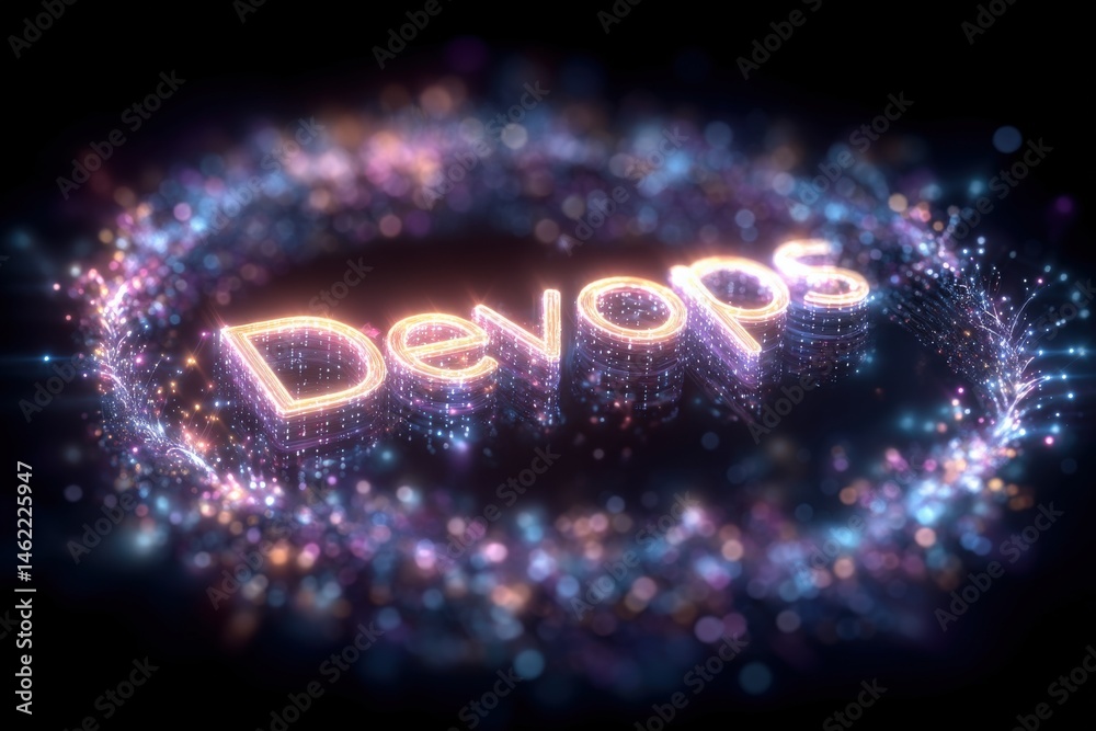 Colorful light particles swirl around to create the word Devops against a dark cosmic backdrop, giving a futuristic and tech-inspired vibe. The design showcases innovation and technology.